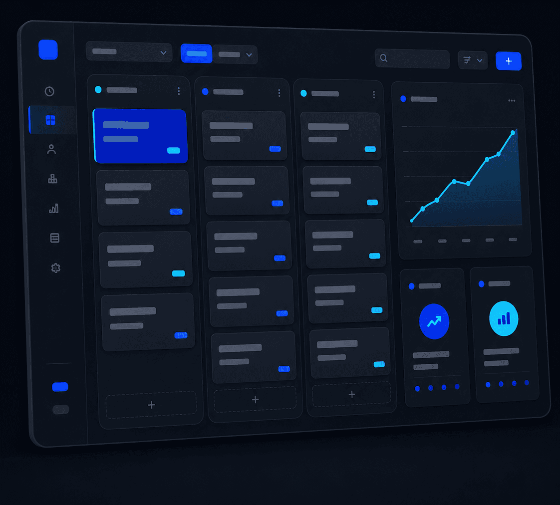 Dark CRM board with deal columns, a highlighted card and revenue charts