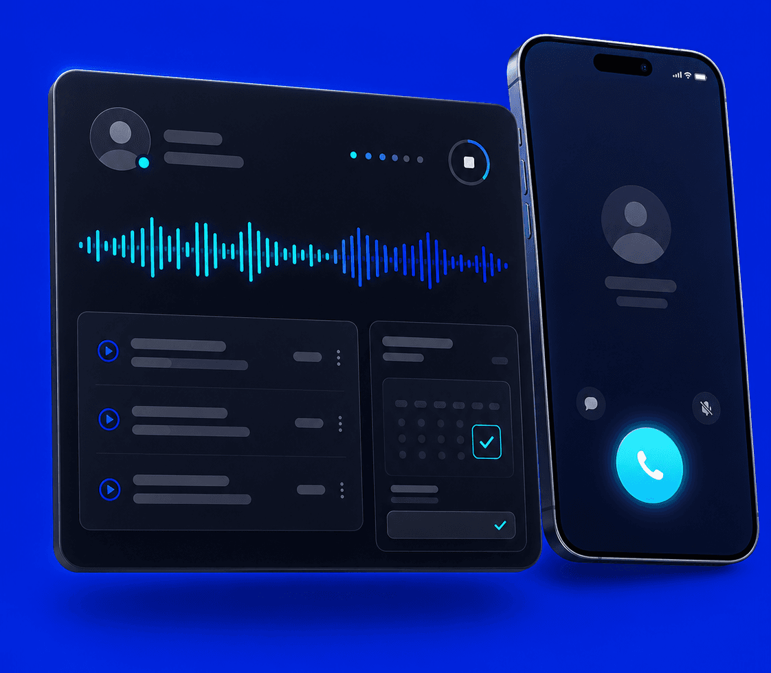 Voice agent console showing a live call waveform beside an incoming call on a phone