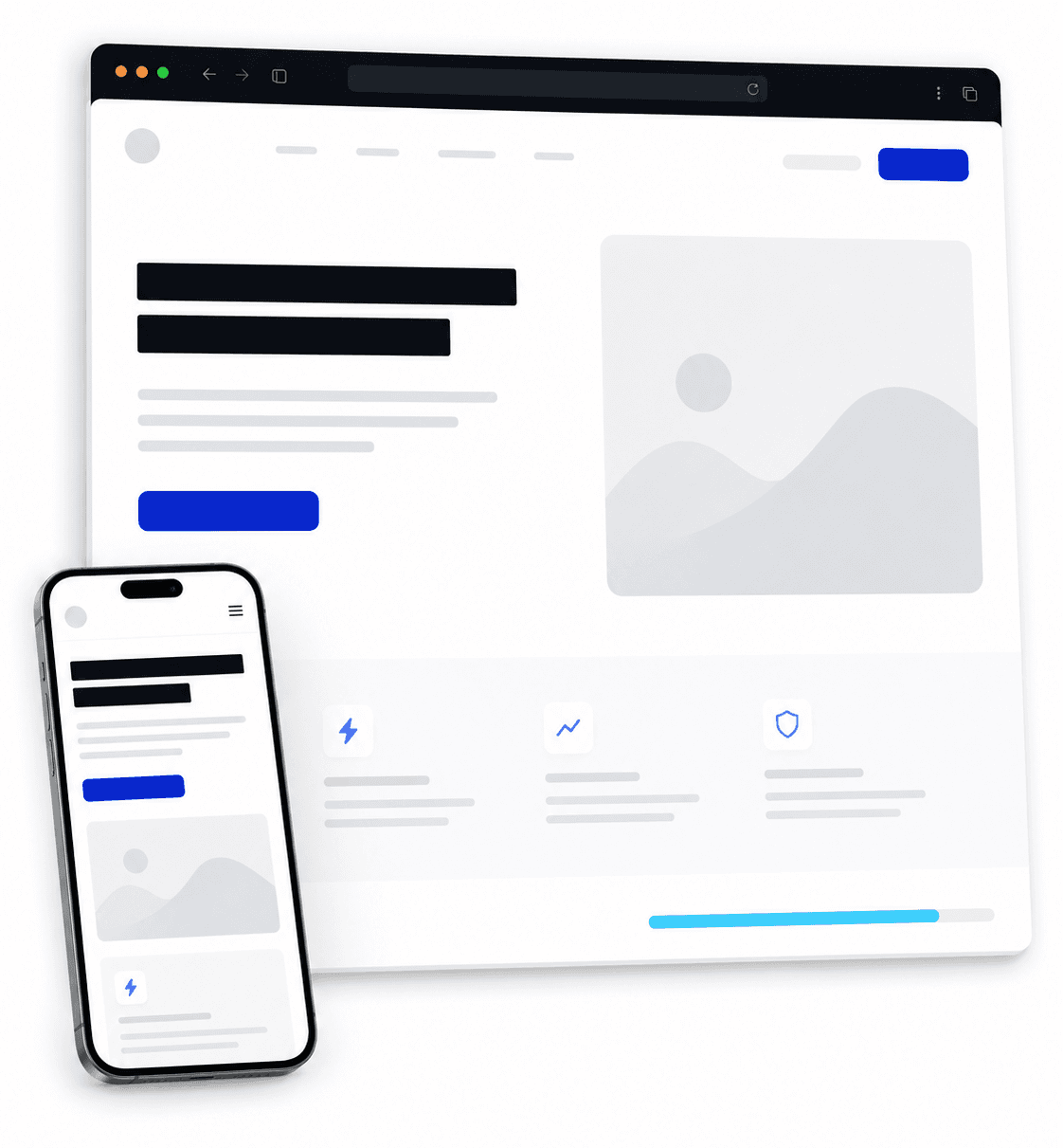 Marketing site shown on desktop and mobile with a matching responsive layout